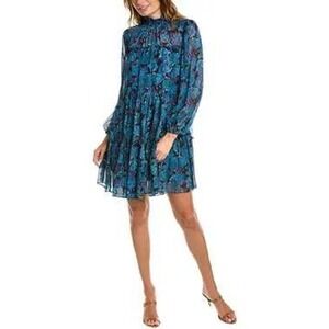 Maison Tara Women's Blue Floral Print Ruffle Tiered Mock Neck Mini Dress Size 16